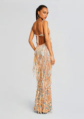 Mevia Sequin Fringe Crochet Dress