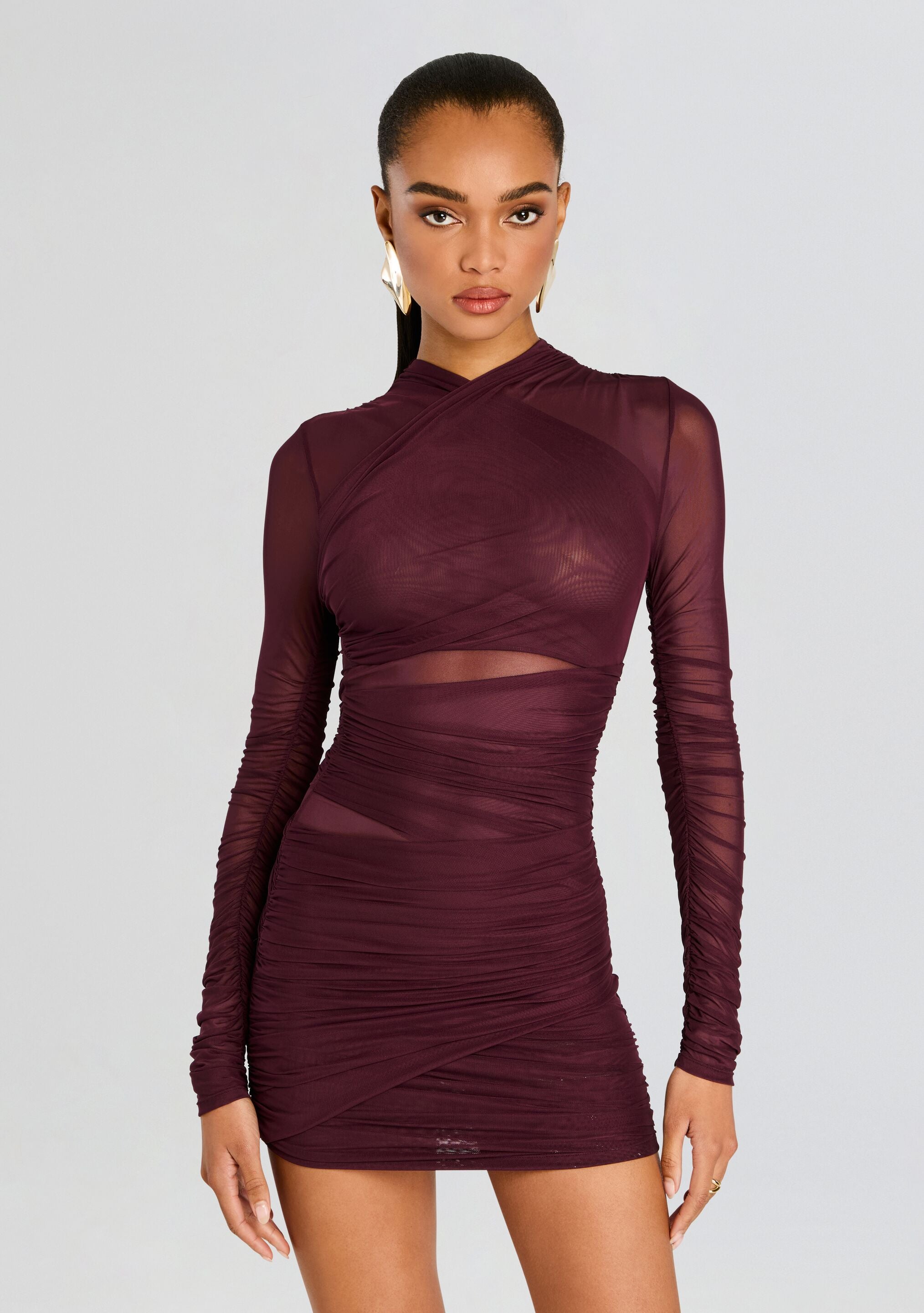 Moxey Ruched Mesh Mini Dress